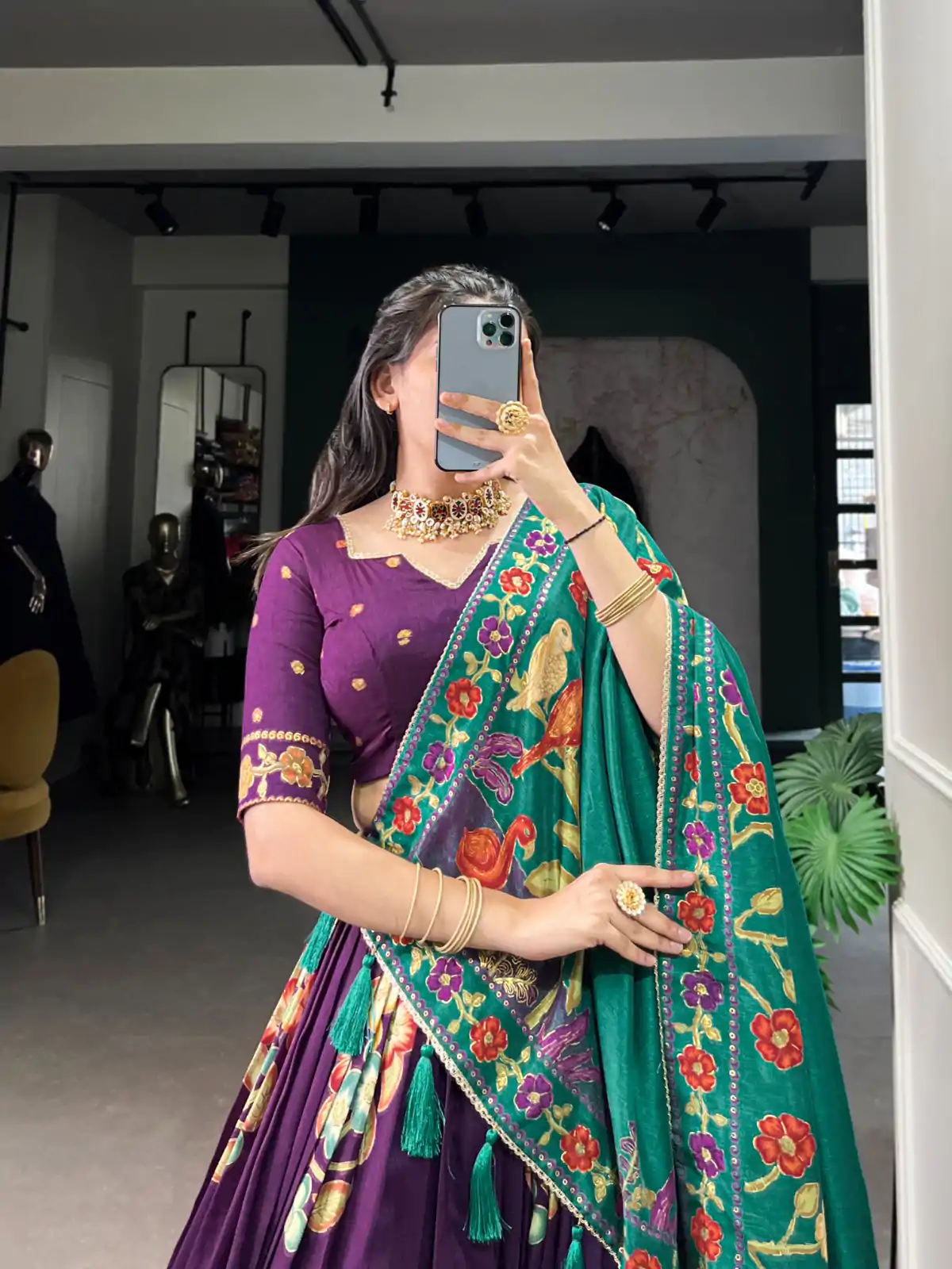 Purple Tushar Silk Printed Foil Work Lehenga Choli - Image 3