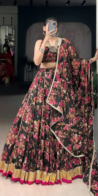 LNB 1672 Black Color Chiffon Floral Print Foil Print Embossed Design Lehenga Choli Wedding, Party, Festive, Events Etc. Delivery 4-6 Working Days Rs 3499 | Lehenga, Bollywood Lehenga, Creative Lehenga, Designer Lehenga, Embroidered Lehenga, Party Wear Lehenga