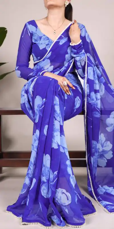 YNF 7011 Blue Color Chiffon Foral Printed Pearl Lace Border Saree Casual, Wedding, Festive, Events . Expected Delivery  4-6 Working Days @1499/- only                                                                                | Sarees, Bollywood Sarees, Creative Sarees, Designer Sarees, Embroidered Sarees, Ethnic Saree, Modern Digital sarees, Party Wear Sarees