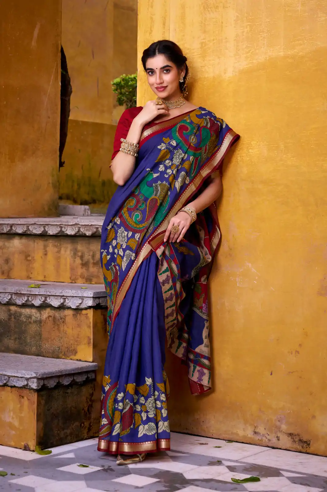 YNF 7048 Blue Color Polyester Chanderi Kalamkari Weaving Work Saree Casual, Wedding, Festive, Events . Expected Delivery  4-6 Working Days @1499/- only                                | Sarees, Bollywood Sarees, Creative Sarees, Designer Sarees, Embroidered Sarees, Ethnic Saree, Modern Digital sarees, Party Wear Sarees