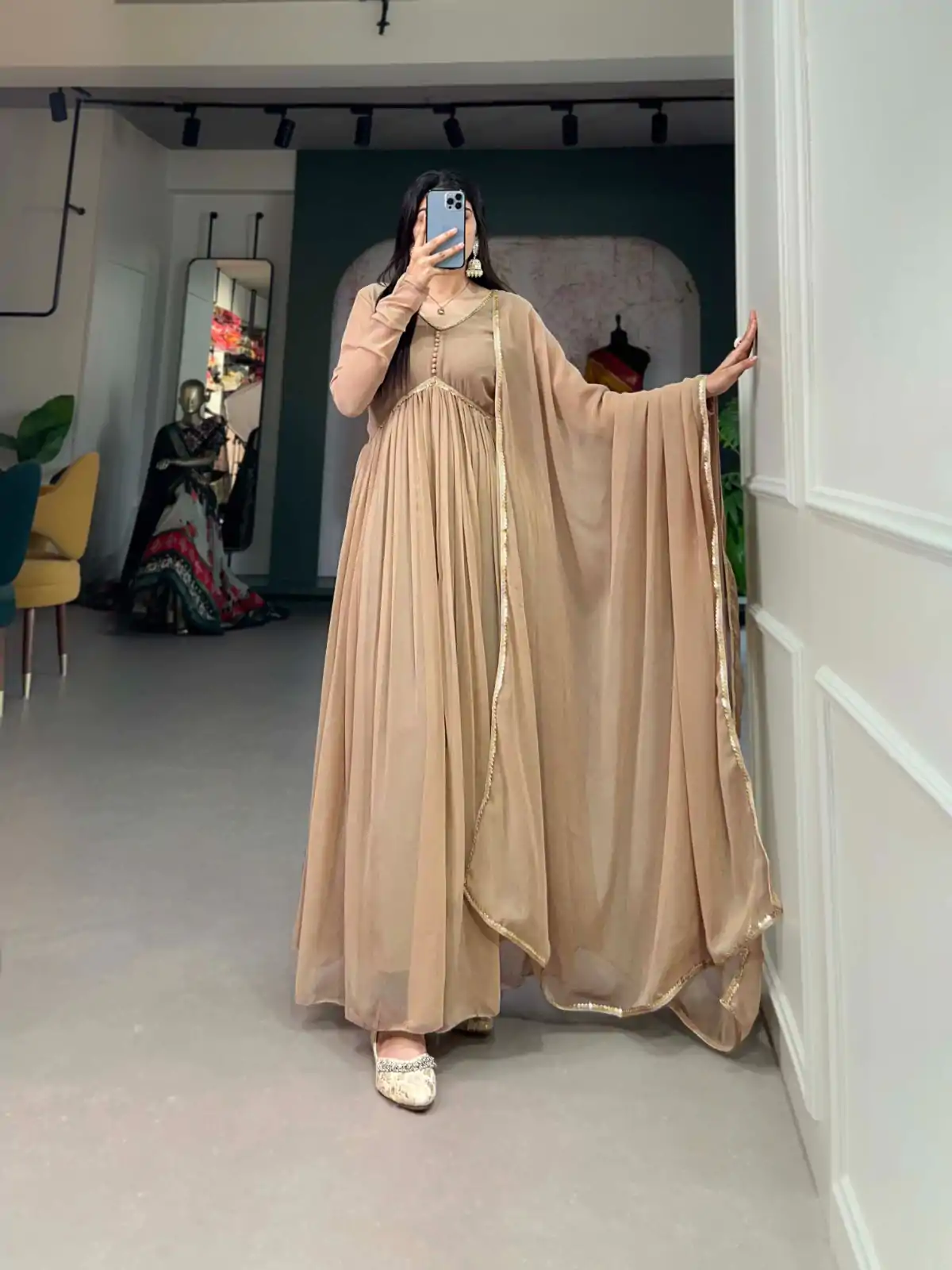 YNF 5102 Chiku Color Georgette Plain Sequins Embroidery Lace Gown Casual, Wedding, Festive, Events . Expected Delivery  4-6 Working Days @1749/- only      | Gowns, Bollywood Gowns, Creative Gowns, Designer Gowns, Embroidered Gowns, Party Wear Gowns