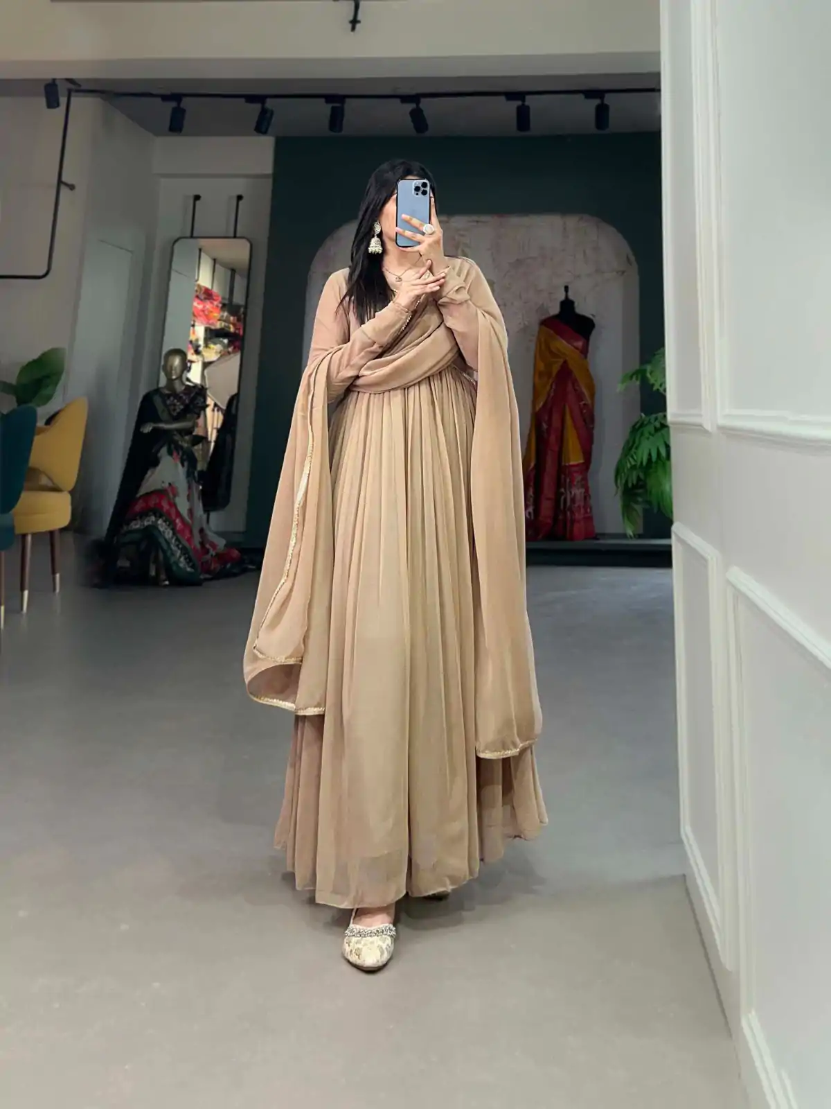 YNF 5102 Chiku Color Georgette Plain Sequins Embroidery Lace Gown Casual, Wedding, Festive, Events . Expected Delivery  4-6 Working Days @1749/- only      | Gowns, Bollywood Gowns, Creative Gowns, Designer Gowns, Embroidered Gowns, Party Wear Gowns