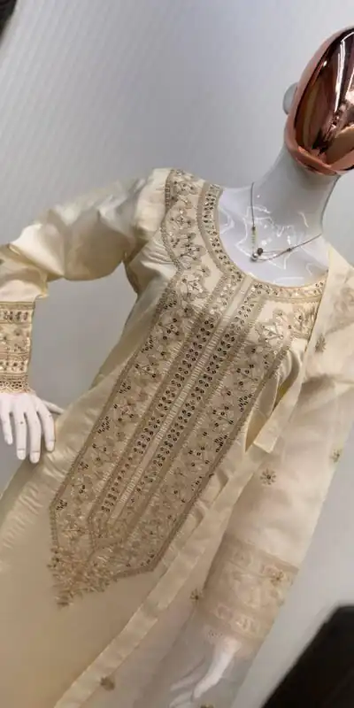 LG 1913 Cream Color Roman Silk Sequence Embroidery Work Salwar Suit Casual, Wedding, Festive, Events . Expected Delivery  4-6 Working Days @1999/- only      | Jump Suits, Salwar suit, Casual Suits, Creative suits, Designer Suits, Palazzo Suits, Party Wear Suits, Patiala Suits, Straight Suits