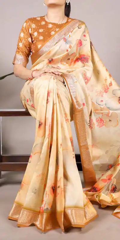 YNF 7024 Cream Color Tussar Silk With Viscose Border Floral Printed Saree Casual, Wedding, Festive, Events . Expected Delivery  4-6 Working Days @1699/- only                                                                                | Sarees, Bollywood Sarees, Creative Sarees, Designer Sarees, Embroidered Sarees, Ethnic Saree, Modern Digital sarees, Party Wear Sarees