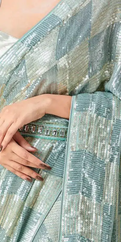 DF 3426 Firozi Color Georgette 5MM Sequins Embroidery Work Saree Casual, Wedding, Festive, Events . Expected Delivery  4-6 Working Days @1749/- only                                                 | Sarees, Bollywood Sarees, Creative Sarees, Designer Sarees, Embroidered Sarees, Ethnic Saree, Modern Digital sarees, Party Wear Sarees