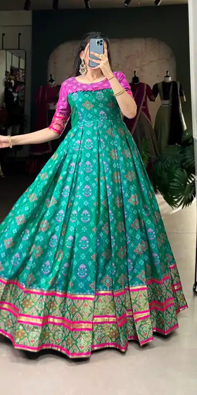 YNF 5308 Firozi Color Jacquard Silk Patola Print Zari Weaving Work Gown Casual, Wedding, Festive, Events . Expected Delivery  4-6 Working Days @2149/- only      | Gowns, Bollywood Gowns, Creative Gowns, Designer Gowns, Embroidered Gowns, Party Wear Gowns