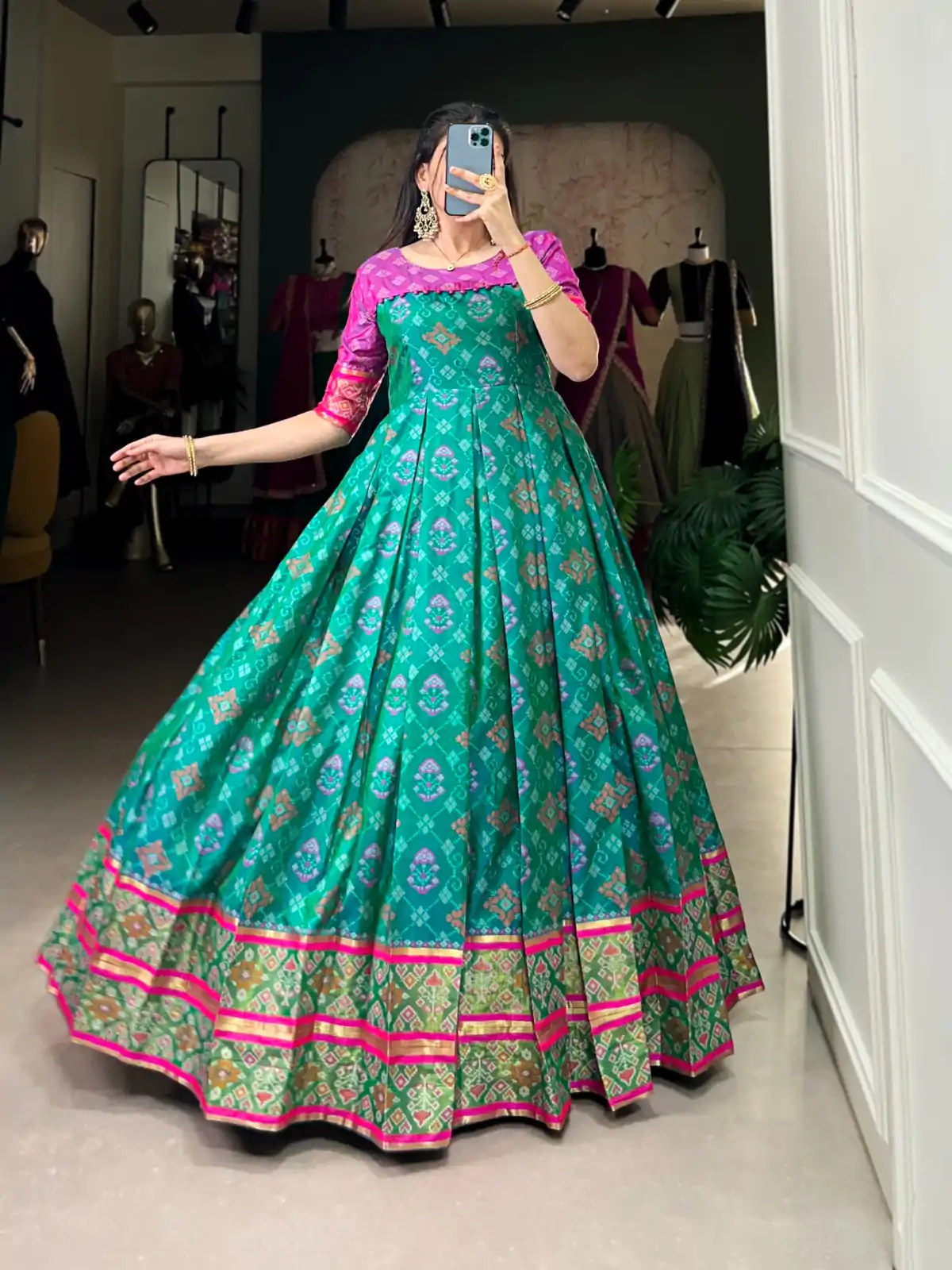 YNF 5308 Firozi Color Jacquard Silk Patola Print Zari Weaving Work Gown Casual, Wedding, Festive, Events . Expected Delivery  4-6 Working Days @2149/- only      | Gowns, Bollywood Gowns, Creative Gowns, Designer Gowns, Embroidered Gowns, Party Wear Gowns