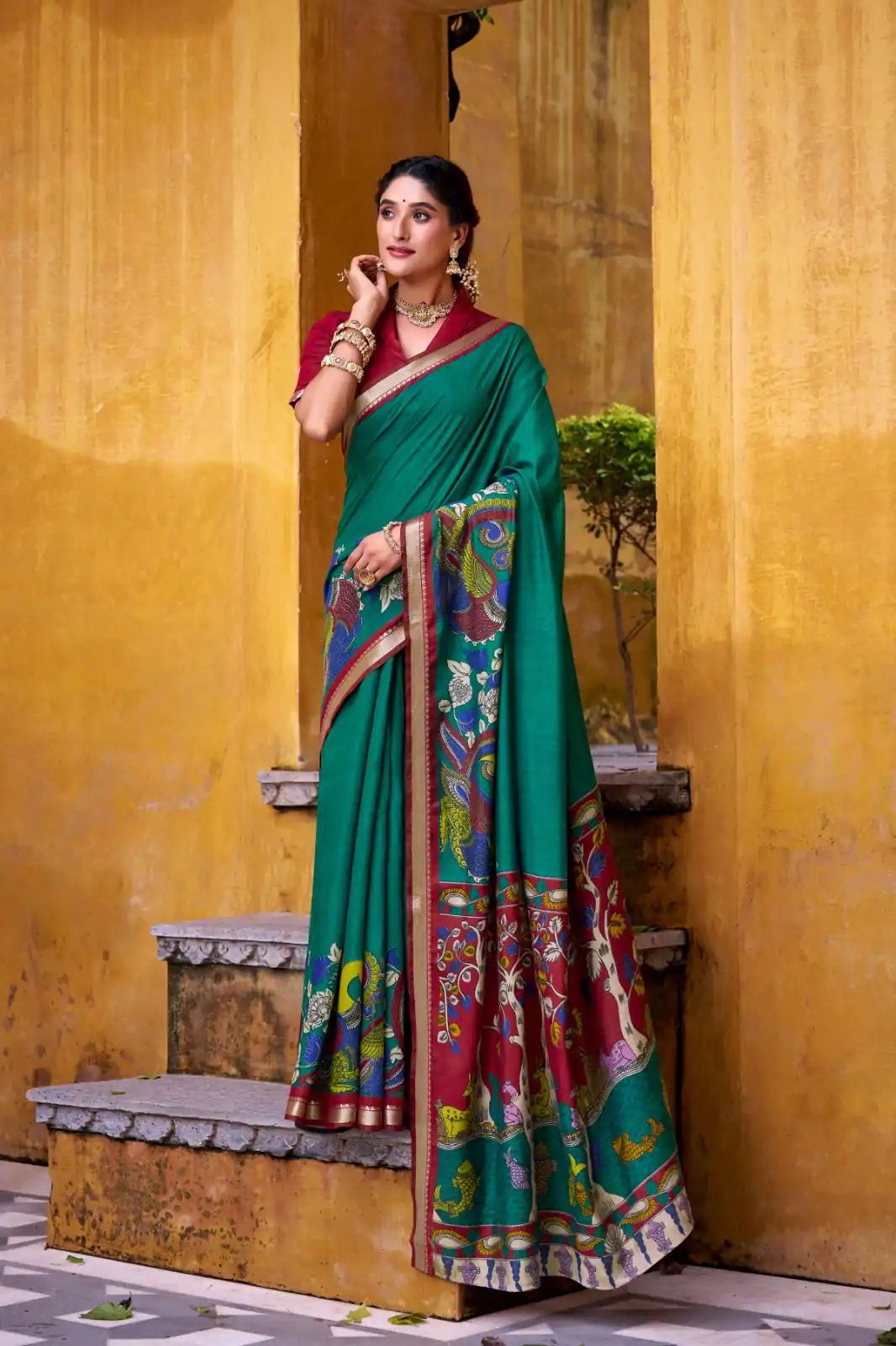 YNF 7048 Firozi Color Polyester Chanderi Kalamkari Weaving Work Saree Casual, Wedding, Festive, Events . Expected Delivery  4-6 Working Days @1499/- only                                | Sarees, Bollywood Sarees, Creative Sarees, Designer Sarees, Embroidered Sarees, Ethnic Saree, Modern Digital sarees, Party Wear Sarees