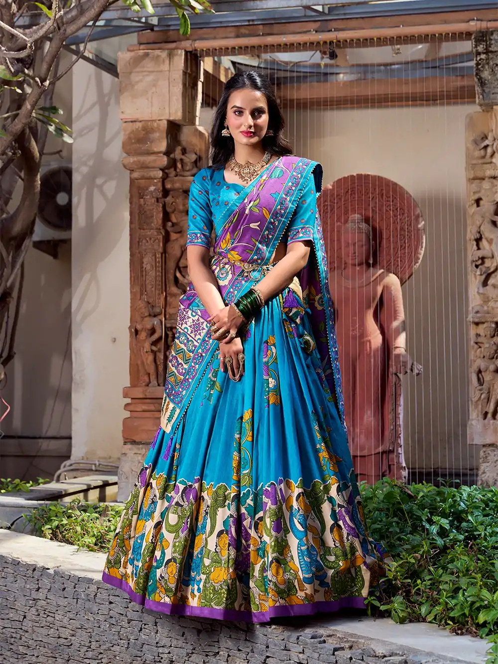 LNB 1236 Firozi Color Tasar Silk Kalamkari Print With Foil Work Lehenga Choli Wedding, Party, Festive, Events Etc. Delivery 4-6 Working Days Rs 2449 | Lehenga, Bollywood Lehenga, Creative Lehenga, Designer Lehenga, Embroidered Lehenga, Party Wear Lehenga