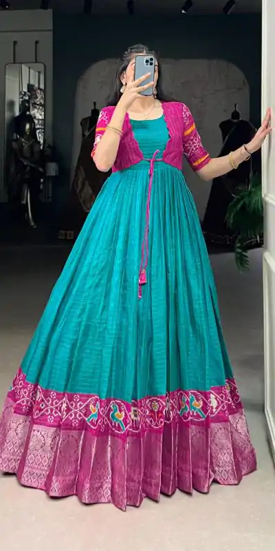 YNF 5028 Firozi Color Tasar Chex Patola With Weaving Work Border Gown Casual, Wedding, Festive, Events . Expected Delivery  4-6 Working Days @1799/- only      | Gowns, Bollywood Gowns, Creative Gowns, Designer Gowns, Embroidered Gowns, Party Wear Gowns