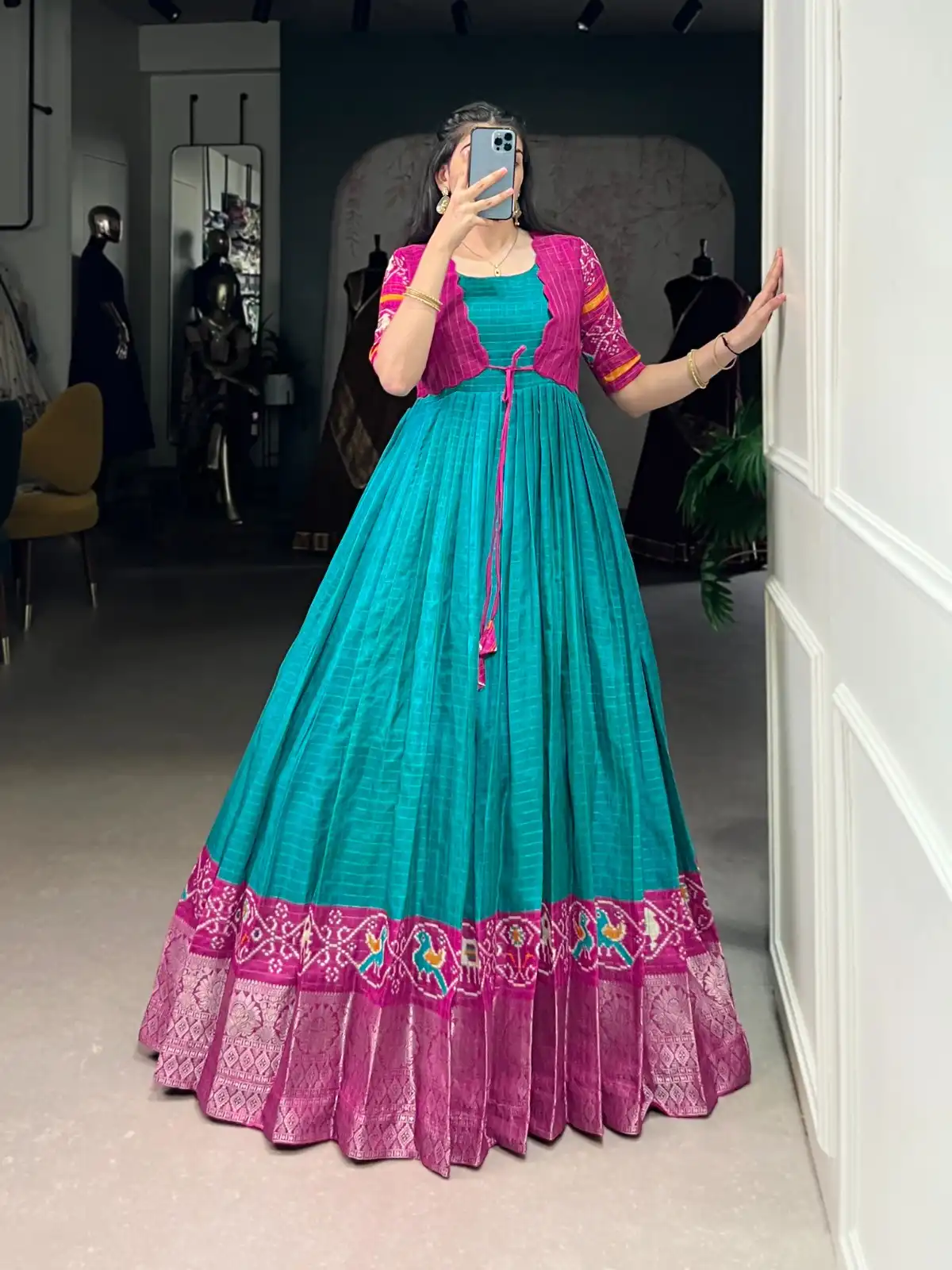 YNF 5028 Firozi Color Tasar Chex Patola With Weaving Work Border Gown Casual, Wedding, Festive, Events . Expected Delivery  4-6 Working Days @1799/- only      | Gowns, Bollywood Gowns, Creative Gowns, Designer Gowns, Embroidered Gowns, Party Wear Gowns