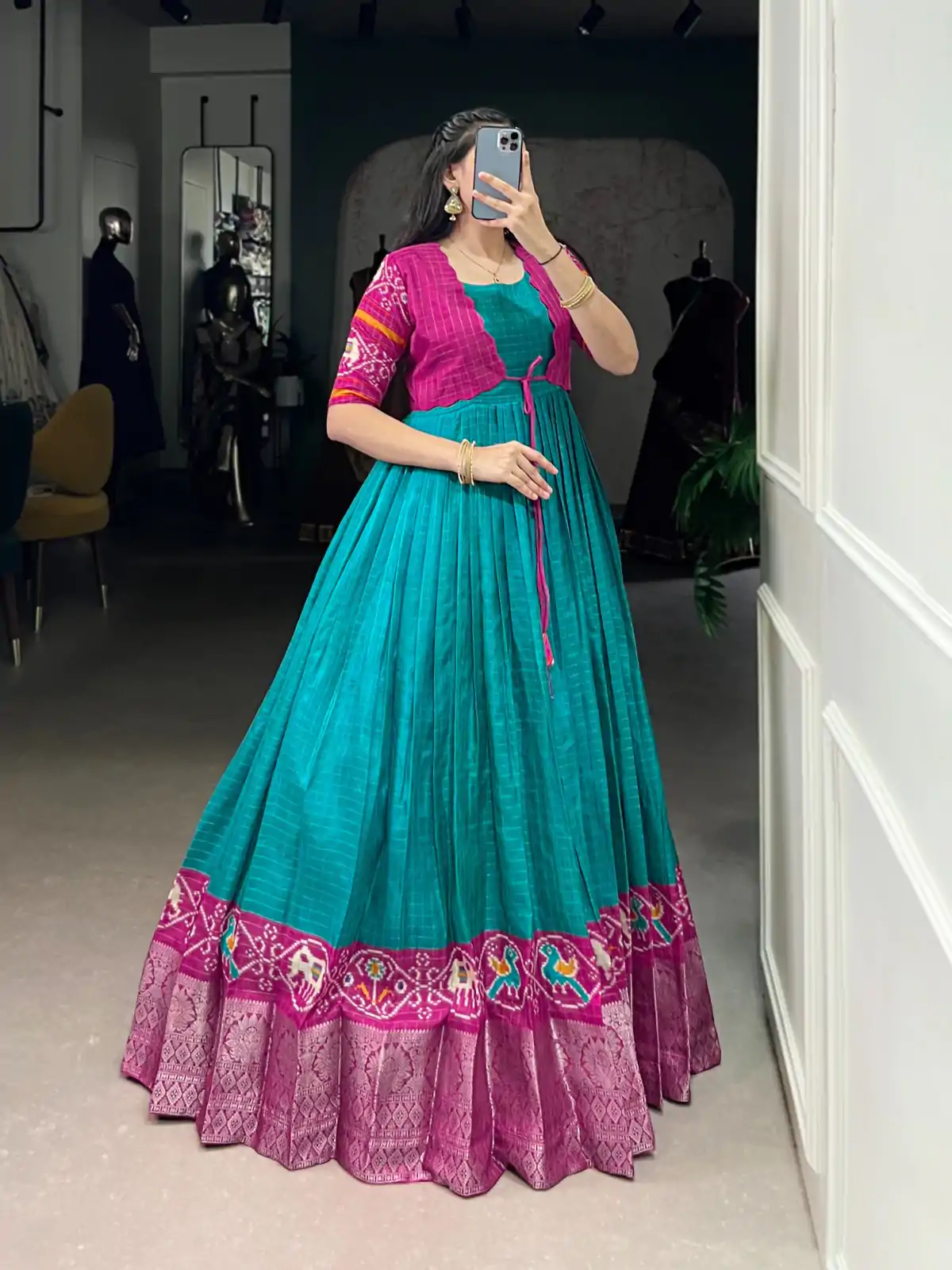 YNF 5028 Firozi Color Tasar Chex Patola With Weaving Work Border Gown Casual, Wedding, Festive, Events . Expected Delivery  4-6 Working Days @1799/- only      | Gowns, Bollywood Gowns, Creative Gowns, Designer Gowns, Embroidered Gowns, Party Wear Gowns