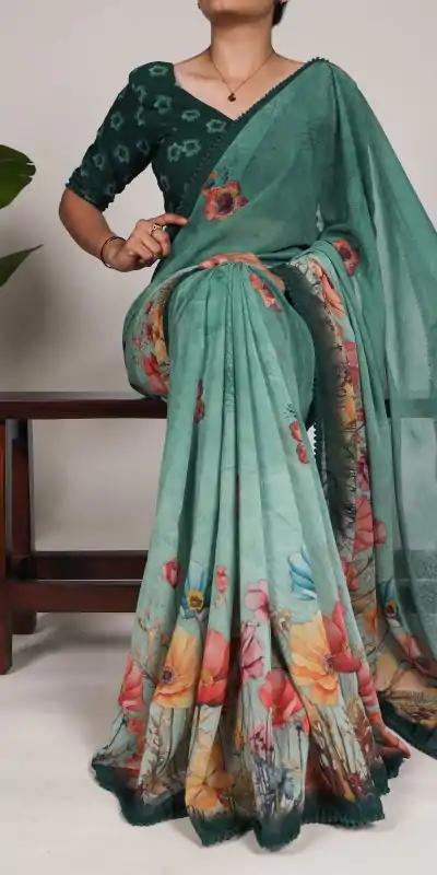 YNF 7009 Green Color Georgette Floral Print With Lace Border Saree Casual, Wedding, Festive, Events . Expected Delivery  4-6 Working Days @1299/- only                                                                                | Sarees, Bollywood Sarees, Creative Sarees, Designer Sarees, Embroidered Sarees, Ethnic Saree, Modern Digital sarees, Party Wear Sarees