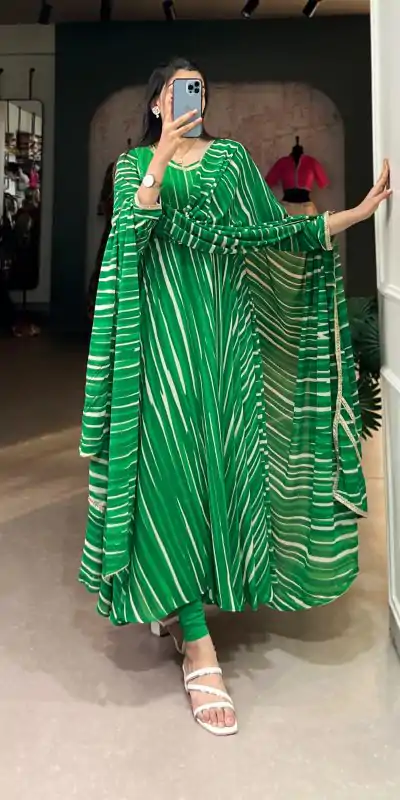 YNF 5026 Green Color Georgette Leheriya Georgette With Lace Touch Up Gown Casual, Wedding, Festive, Events . Expected Delivery  4-6 Working Days @1799/- only      | Gowns, Bollywood Gowns, Creative Gowns, Designer Gowns, Embroidered Gowns, Party Wear Gowns