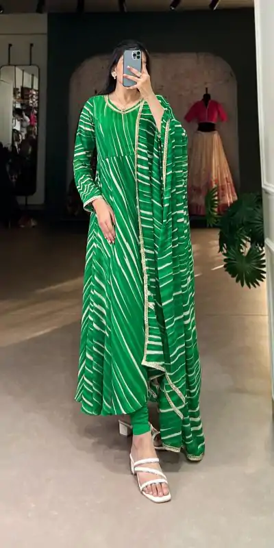 YNF 5026 Green Color Georgette Leheriya Georgette With Lace Touch Up Gown Casual, Wedding, Festive, Events . Expected Delivery  4-6 Working Days @1799/- only      | Gowns, Bollywood Gowns, Creative Gowns, Designer Gowns, Embroidered Gowns, Party Wear Gowns