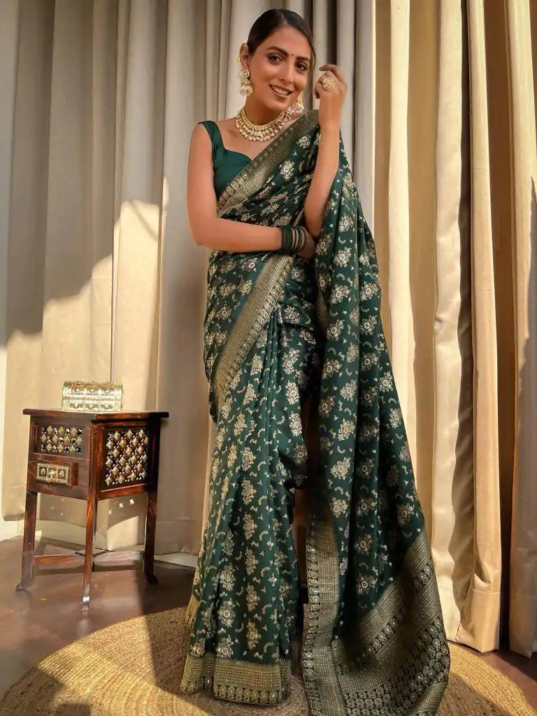 KP 5079 Green Color Soft Lichi Silk Jacquard On All Over Saree Casual, Party Wear, Wedding, Events Etc. Expected Delivery 4-6 Working Days @1449/- | Sarees, Bollywood Sarees, Creative Sarees, Designer Sarees, Embroidered Sarees, Ethnic Saree, Modern Digital sarees, Party Wear Sarees