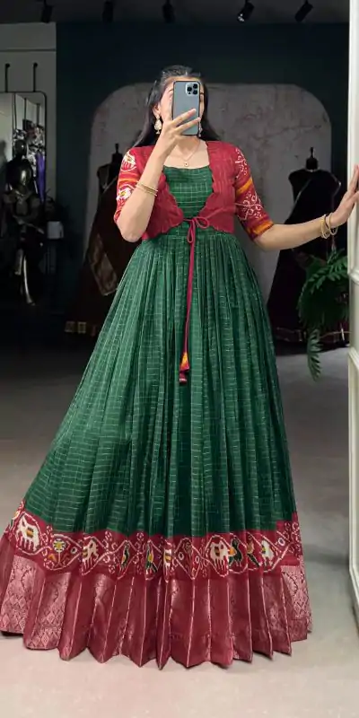 YNF 5028 Green Color Tasar Chex Patola With Weaving Work Border Gown Casual, Wedding, Festive, Events . Expected Delivery  4-6 Working Days @1799/- only      | Gowns, Bollywood Gowns, Creative Gowns, Designer Gowns, Embroidered Gowns, Party Wear Gowns
