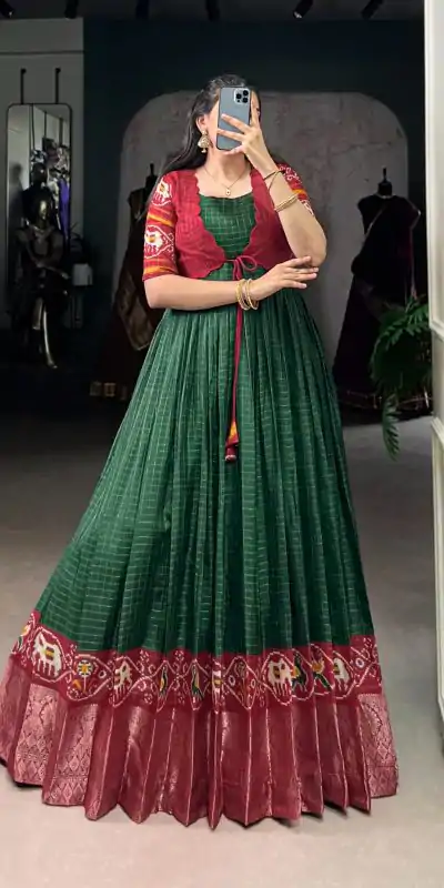 YNF 5028 Green Color Tasar Chex Patola With Weaving Work Border Gown Casual, Wedding, Festive, Events . Expected Delivery  4-6 Working Days @1799/- only      | Gowns, Bollywood Gowns, Creative Gowns, Designer Gowns, Embroidered Gowns, Party Wear Gowns