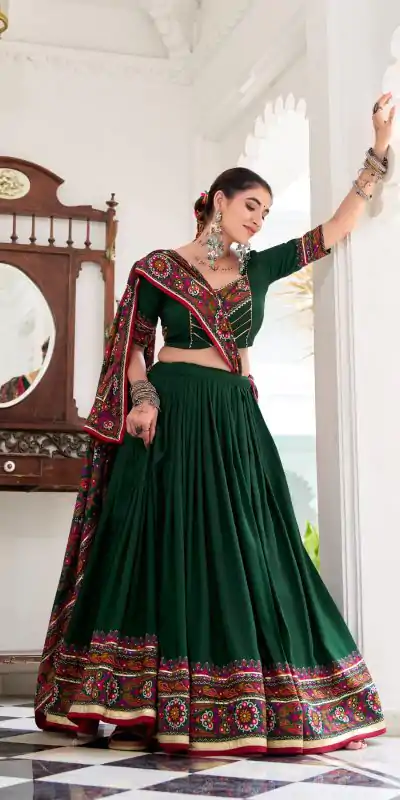 LNB 1243 Green Color Tasar Silk Gamthi Print Embossed Gotta Patti Lace Lehenga Choli Festive Party Wedding, Events etc. Delivery 4-6 Working Days @2999/- | Lehenga, Bollywood Lehenga, Creative Lehenga, Designer Lehenga, Embroidered Lehenga, Party Wear Lehenga