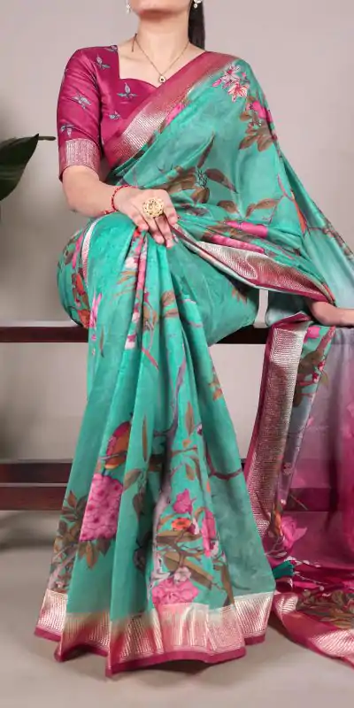 YNF 7024 Green Color Tussar Silk With Viscose Border Floral Printed Saree Casual, Wedding, Festive, Events . Expected Delivery  4-6 Working Days @1699/- only                                                                                | Sarees, Bollywood Sarees, Creative Sarees, Designer Sarees, Embroidered Sarees, Ethnic Saree, Modern Digital sarees, Party Wear Sarees