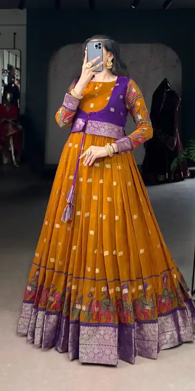 YNF 5031 Mustard Color Poly Cotton Kalamkari Print Zari Weaving Work Gown Casual, Wedding, Festive, Events . Expected Delivery  4-6 Working Days @1999/- only      | Gowns, Bollywood Gowns, Creative Gowns, Designer Gowns, Embroidered Gowns, Party Wear Gowns