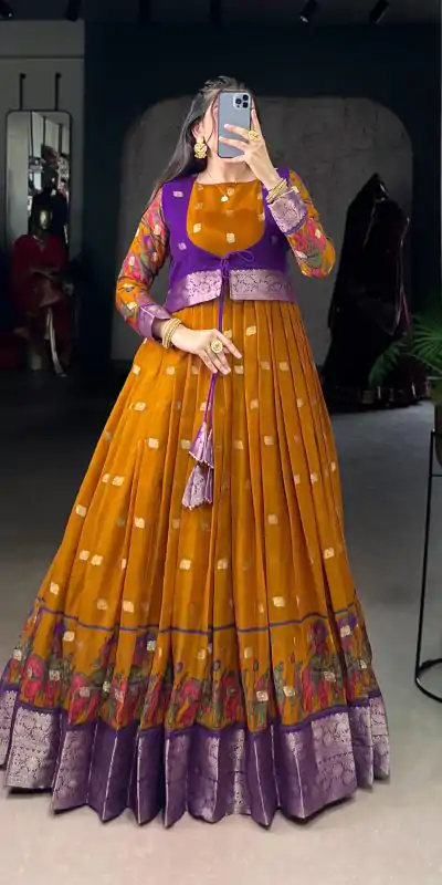 YNF 5031 Mustard Color Poly Cotton Kalamkari Print Zari Weaving Work Gown Casual, Wedding, Festive, Events . Expected Delivery  4-6 Working Days @1999/- only      | Gowns, Bollywood Gowns, Creative Gowns, Designer Gowns, Embroidered Gowns, Party Wear Gowns