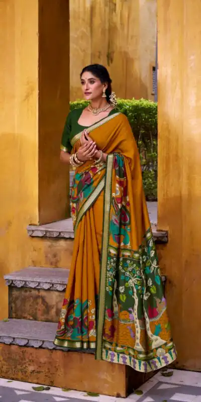 YNF 7048 Mustard Color Polyester Chanderi Kalamkari Weaving Work Saree Casual, Wedding, Festive, Events . Expected Delivery  4-6 Working Days @1499/- only                                | Sarees, Bollywood Sarees, Creative Sarees, Designer Sarees, Embroidered Sarees, Ethnic Saree, Modern Digital sarees, Party Wear Sarees