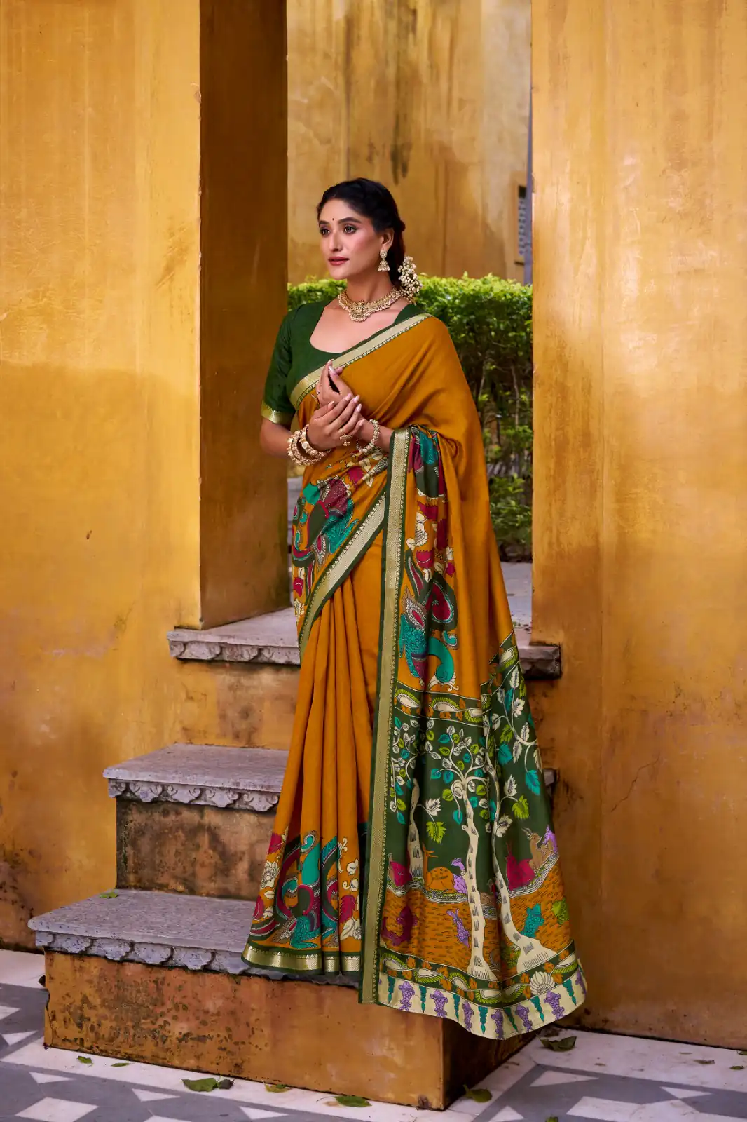 YNF 7048 Mustard Color Polyester Chanderi Kalamkari Weaving Work Saree Casual, Wedding, Festive, Events . Expected Delivery  4-6 Working Days @1499/- only                                | Sarees, Bollywood Sarees, Creative Sarees, Designer Sarees, Embroidered Sarees, Ethnic Saree, Modern Digital sarees, Party Wear Sarees