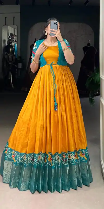 YNF 5028 Mustard Color Tasar Chex Patola With Weaving Work Border Gown Casual, Wedding, Festive, Events . Expected Delivery  4-6 Working Days @1799/- only      | Gowns, Bollywood Gowns, Creative Gowns, Designer Gowns, Embroidered Gowns, Party Wear Gowns