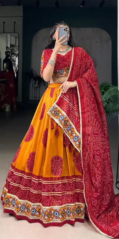 LNB 1736 Mustard Color Tasar Silk Bandhej Print And Gamthi Work Lehenga Choli Wedding, Party, Festive, Events Etc. Delivery 4-6 Working Days Rs 3499 | Lehenga, Bollywood Lehenga, Creative Lehenga, Designer Lehenga, Embroidered Lehenga, Party Wear Lehenga