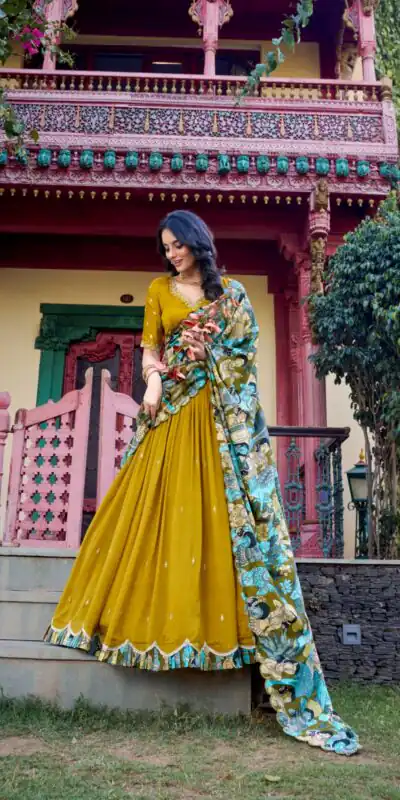LNB 1237 Mustard Color Vichitra Sequins and Embroidery Work Kalamkari Lehenga Choli Wedding, Party, Festive, Events Etc. Delivery 4-6 Working Days Rs 3299 | Lehenga, Bollywood Lehenga, Creative Lehenga, Designer Lehenga, Embroidered Lehenga, Party Wear Lehenga
