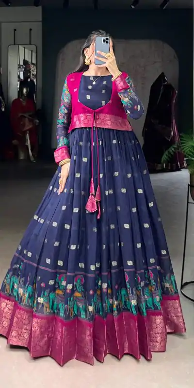 YNF 5031 Navy Blue Color Cotton Kalamkari Print Zari Weaving Work Gown Casual, Wedding, Festive, Events . Expected Delivery  4-6 Working Days @1999/- only      | Gowns, Bollywood Gowns, Creative Gowns, Designer Gowns, Embroidered Gowns, Party Wear Gowns