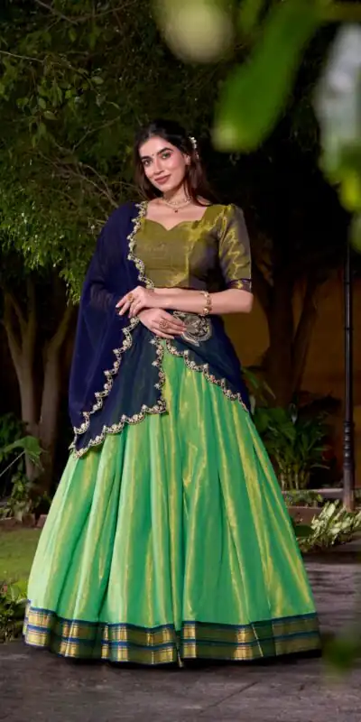LNB 2009 Navy Blue Elevate your style with the Navy Blue Kanchipuram Weaving Lehenga Choli, featuring stunning zari work and a comfortable drawstring fit. | Lehenga, Bollywood Lehenga, Creative Lehenga, Designer Lehenga, Embroidered Lehenga, Party Wear Lehenga