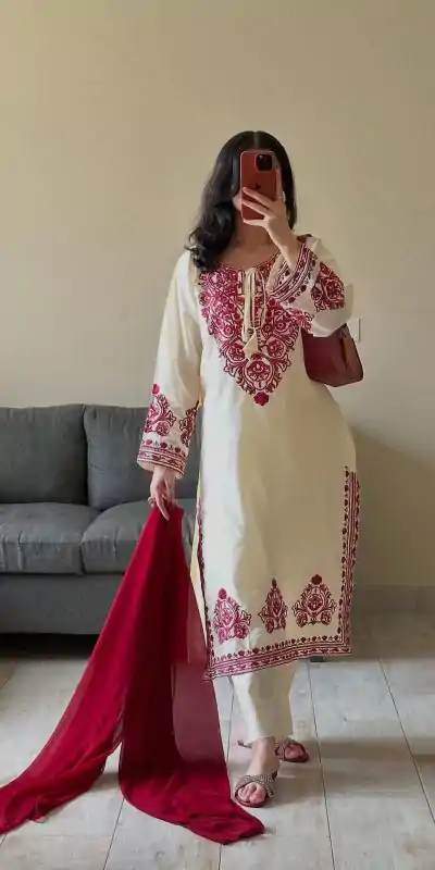 BE 386 Off White Color Roman Silk Embroidery Work Salwar Suit Casual, Wedding, Festive, Events . Expected Delivery  4-6 Working Days @1899/- only      | Jump Suits, Salwar suit, Casual Suits, Creative suits, Designer Suits, Palazzo Suits, Party Wear Suits, Patiala Suits, Straight Suits