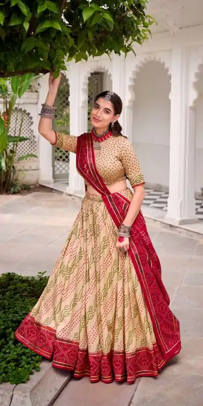 LNB 1250 Off White Color Tasar Silk Bandhej Print With Gotta Patti Lace Lehenga Choli Festive Party Wedding, Events etc. Delivery 4-6 Working Days @2149/- | Lehenga, Bollywood Lehenga, Creative Lehenga, Designer Lehenga, Embroidered Lehenga, Party Wear Lehenga