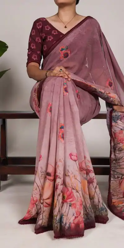 YNF 7009 Onion Color Georgette Floral Print With Lace Border Saree Casual, Wedding, Festive, Events . Expected Delivery  4-6 Working Days @1299/- only                                                                                | Sarees, Bollywood Sarees, Creative Sarees, Designer Sarees, Embroidered Sarees, Ethnic Saree, Modern Digital sarees, Party Wear Sarees