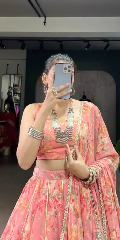 LNB 1672 Peach Color Chiffon Floral Print Foil Print Embossed Design Lehenga Choli Wedding, Party, Festive, Events Etc. Delivery 4-6 Working Days Rs 3099 | Lehenga, Bollywood Lehenga, Creative Lehenga, Designer Lehenga, Embroidered Lehenga, Party Wear Lehenga