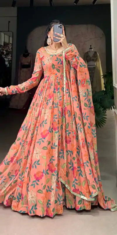 YNF 5010 Peach Color Georgette Floral Print With Lace Touch Up Gown Casual, Wedding, Festive, Events . Expected Delivery  4-6 Working Days @1849/- only      | Gowns, Bollywood Gowns, Creative Gowns, Designer Gowns, Embroidered Gowns, Party Wear Gowns