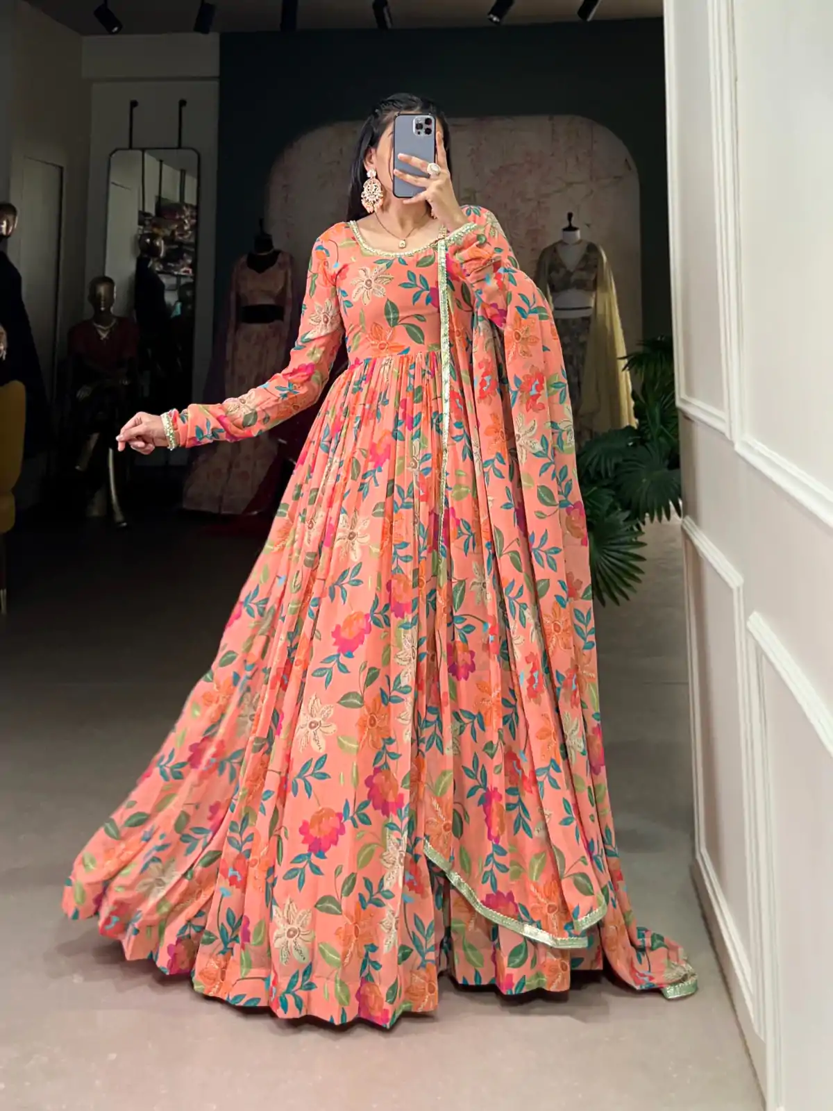 YNF 5010 Peach Color Georgette Floral Print With Lace Touch Up Gown Casual, Wedding, Festive, Events . Expected Delivery  4-6 Working Days @1849/- only      | Gowns, Bollywood Gowns, Creative Gowns, Designer Gowns, Embroidered Gowns, Party Wear Gowns