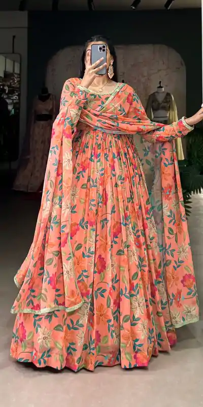 YNF 5010 Peach Color Georgette Floral Print With Lace Touch Up Gown Casual, Wedding, Festive, Events . Expected Delivery  4-6 Working Days @1849/- only      | Gowns, Bollywood Gowns, Creative Gowns, Designer Gowns, Embroidered Gowns, Party Wear Gowns