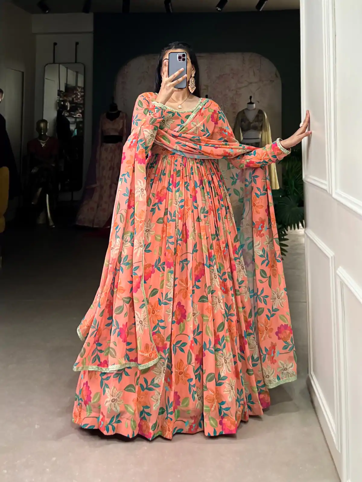 YNF 5010 Peach Color Georgette Floral Print With Lace Touch Up Gown Casual, Wedding, Festive, Events . Expected Delivery  4-6 Working Days @1849/- only      | Gowns, Bollywood Gowns, Creative Gowns, Designer Gowns, Embroidered Gowns, Party Wear Gowns