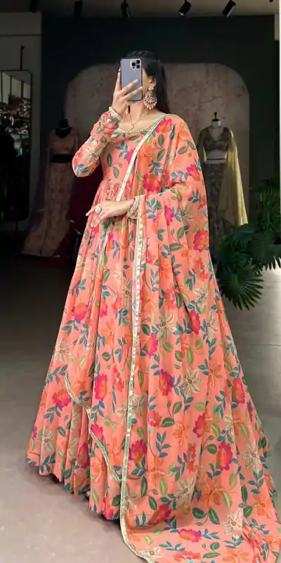 YNF 5010 Peach Color Georgette Floral Print With Lace Touch Up Gown Casual, Wedding, Festive, Events . Expected Delivery  4-6 Working Days @1849/- only      | Gowns, Bollywood Gowns, Creative Gowns, Designer Gowns, Embroidered Gowns, Party Wear Gowns