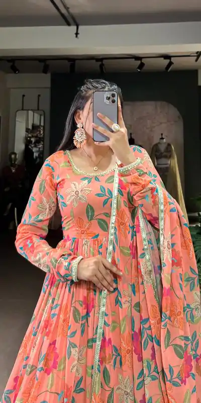 YNF 5010 Peach Color Georgette Floral Print With Lace Touch Up Gown Casual, Wedding, Festive, Events . Expected Delivery  4-6 Working Days @1849/- only      | Gowns, Bollywood Gowns, Creative Gowns, Designer Gowns, Embroidered Gowns, Party Wear Gowns