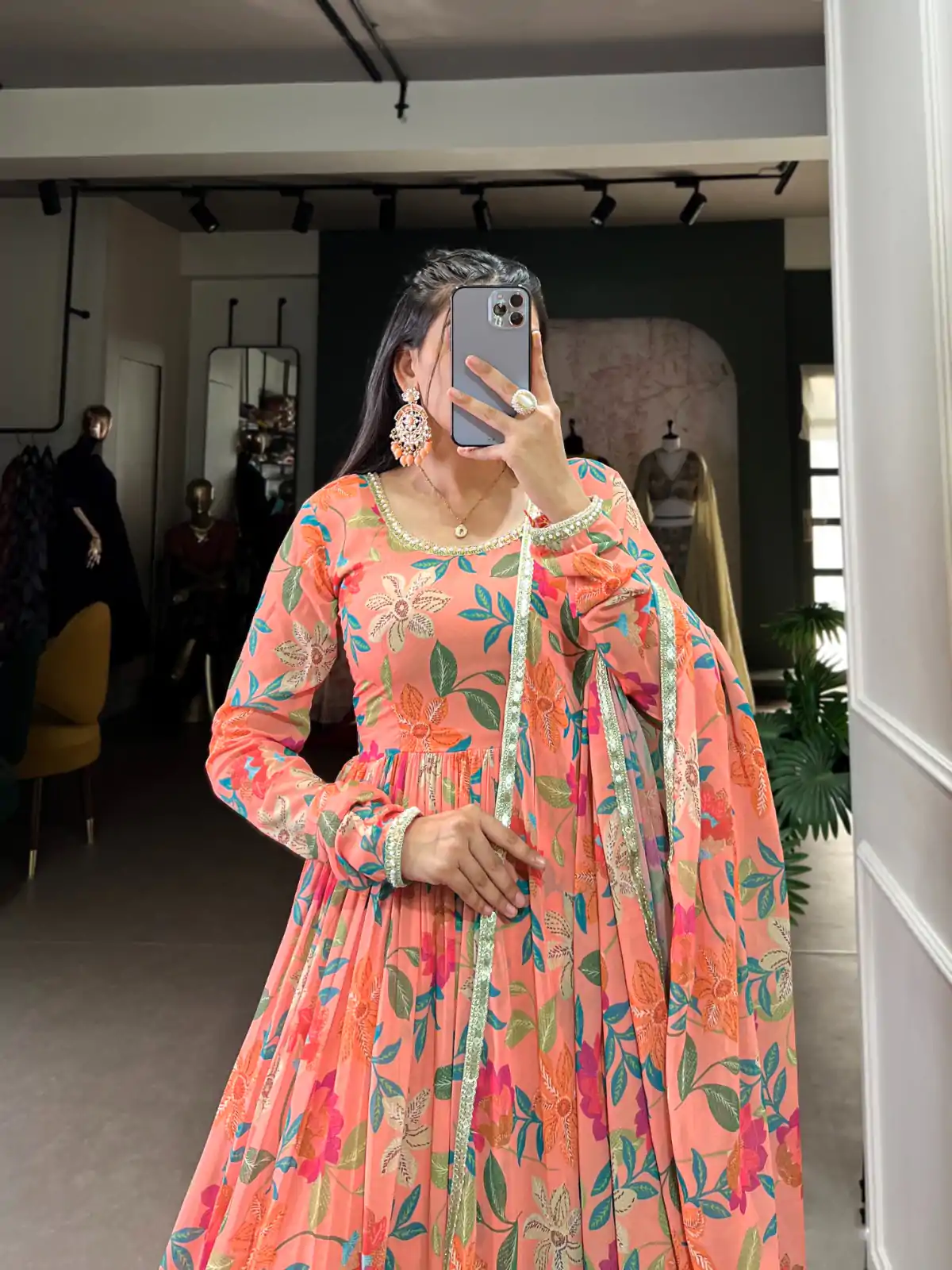 YNF 5010 Peach Color Georgette Floral Print With Lace Touch Up Gown Casual, Wedding, Festive, Events . Expected Delivery  4-6 Working Days @1849/- only      | Gowns, Bollywood Gowns, Creative Gowns, Designer Gowns, Embroidered Gowns, Party Wear Gowns