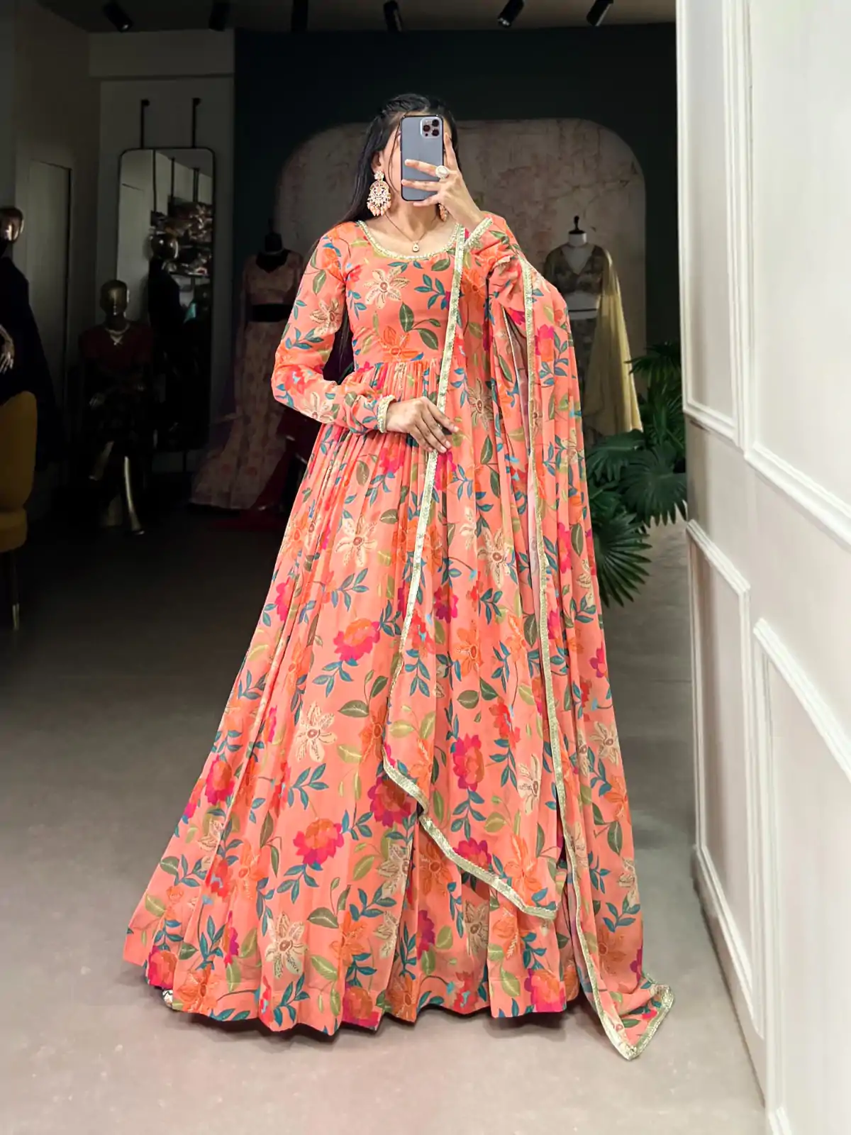 YNF 5010 Peach Color Georgette Floral Print With Lace Touch Up Gown Casual, Wedding, Festive, Events . Expected Delivery  4-6 Working Days @1849/- only      | Gowns, Bollywood Gowns, Creative Gowns, Designer Gowns, Embroidered Gowns, Party Wear Gowns