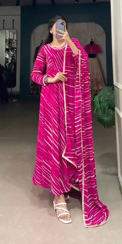 YNF 5026 Pink Color Georgette Leheriya Georgette With Lace Touch Up Gown Casual, Wedding, Festive, Events . Expected Delivery  4-6 Working Days @1799/- only      | Gowns, Bollywood Gowns, Creative Gowns, Designer Gowns, Embroidered Gowns, Party Wear Gowns