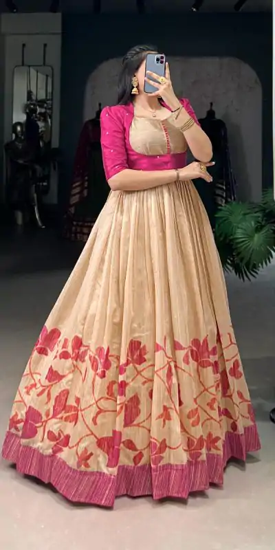 YNF 5027 Pink Color Green Silk Printed Gown Casual, Wedding, Festive, Events . Expected Delivery  4-6 Working Days @1799/- only      | Gowns, Bollywood Gowns, Creative Gowns, Designer Gowns, Embroidered Gowns, Party Wear Gowns
