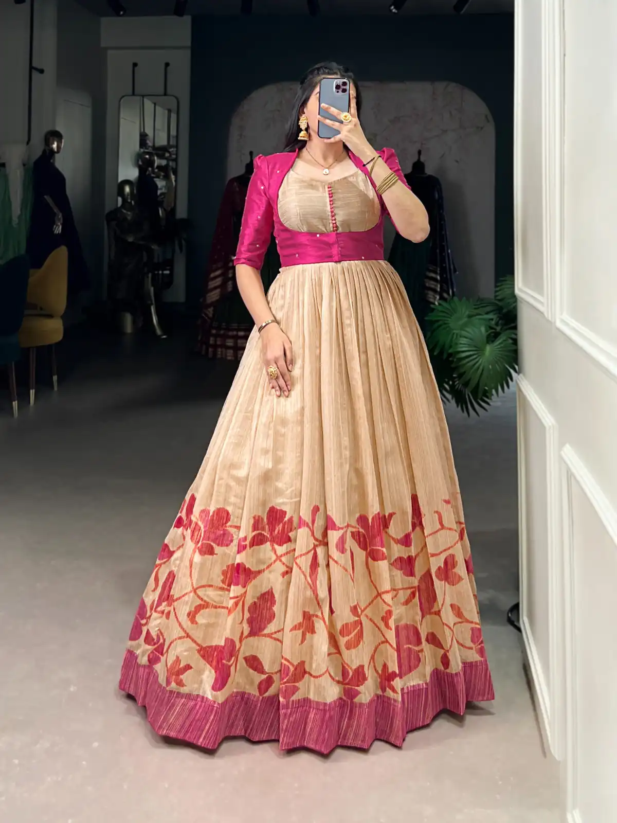 YNF 5027 Pink Color Green Silk Printed Gown Casual, Wedding, Festive, Events . Expected Delivery  4-6 Working Days @1799/- only      | Gowns, Bollywood Gowns, Creative Gowns, Designer Gowns, Embroidered Gowns, Party Wear Gowns