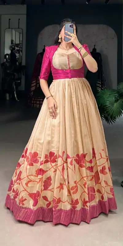 YNF 5027 Pink Color Green Silk Printed Gown Casual, Wedding, Festive, Events . Expected Delivery  4-6 Working Days @1799/- only      | Gowns, Bollywood Gowns, Creative Gowns, Designer Gowns, Embroidered Gowns, Party Wear Gowns