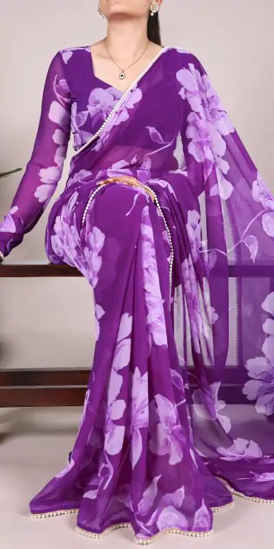 YNF 7011 Purple Color Chiffon Foral Printed Pearl Lace Border Saree Casual, Wedding, Festive, Events . Expected Delivery  4-6 Working Days @1499/- only                                                                                | Sarees, Bollywood Sarees, Creative Sarees, Designer Sarees, Embroidered Sarees, Ethnic Saree, Modern Digital sarees, Party Wear Sarees